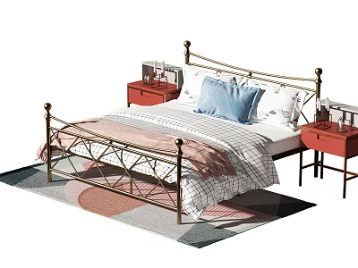 Double Bed With Golden Metal Frame Striped Bedspread Blue Pillow Red Nightstands And Colorful Rug 3d model
