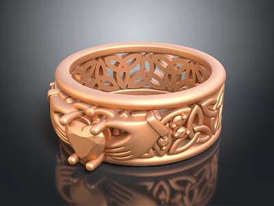 Rose Gold Claddagh Ring With Carved Heart Hand Design And Filigree Patterns 3d model
