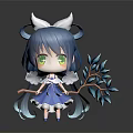 Cute Chibi Game Anime Character With Blue Hair Green Eyes And Blue Leaf Branch