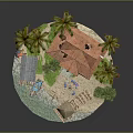 Cartoon Scene Featuring Tropical Island With Sandy Beach Palm Trees and Cozy Cabin