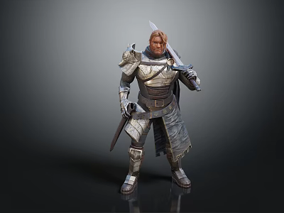 Detailed Medieval Warrior Game Movie Character In Full Armor With Swords Standing 3d model