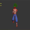 3D Character With Spiky Brown White Hair Shirtless Blue Baggy Pants Standing On Dark Background