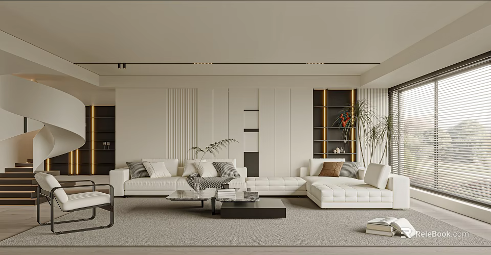 Modern Living Room Interior Design With Sectional White Sofa Coffee Table And Potted Plants 3d model 