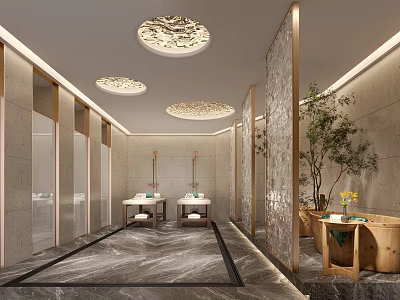 Elegant SPA Sauna Interior With Marble Floor Wooden Bucket And Green Plants 3d model