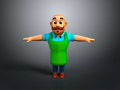 Bald man with mustache in blue shirt green apron and outstretched arms against gray background 3d model