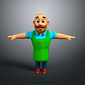 Bald man with mustache in blue shirt green apron and outstretched arms against gray background