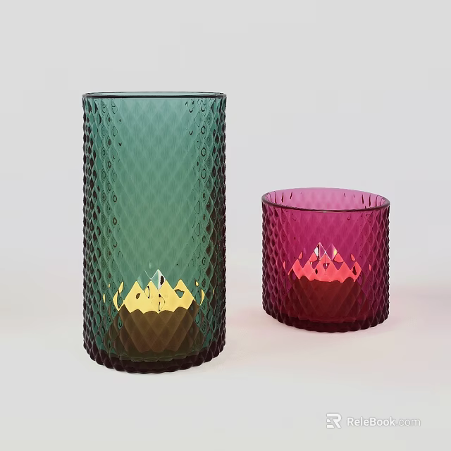 Green And Pink Textured Glass Candle Holders With Diamond Pattern Design 3d model 