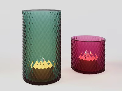 Green And Pink Textured Glass Candle Holders With Diamond Pattern Design 3d model