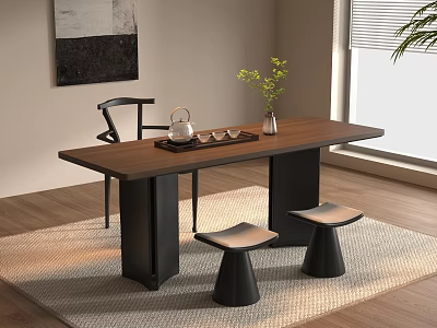 Modern Wooden Tea Table with Black Metal Legs and Stools Tea Set in Home Interior 3d model