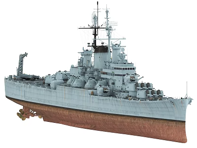 Large Vintage Naval Warship Featuring Gray Upper Hull Brown Lower Section Main Turrets And Superstructure 3d model