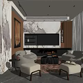 Elegant Modern Living Room Interior With Marble Wall Fireplace And Curved Sofas 3d model