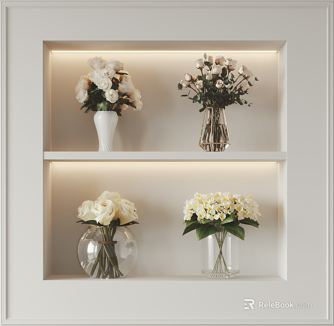 Elegant Floral Arrangements in Various Vases on Lit Wall Shelves 3d model 