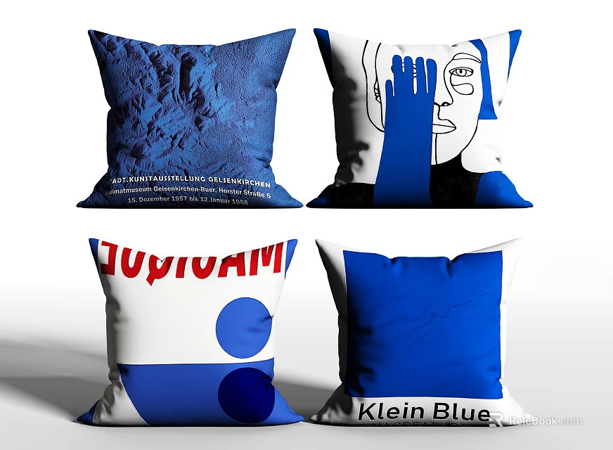 Modern Abstract Klein Blue Pillows with Geometric Patterns and Text Elements 3d model