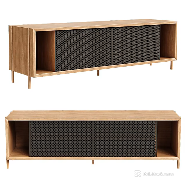 Sleek Modern Wooden TV Stand With Black Mesh Doors And Open Storage Shelves 3d model 