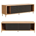 Sleek Modern Wooden TV Stand With Black Mesh Doors And Open Storage Shelves