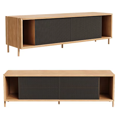 Sleek Modern Wooden TV Stand With Black Mesh Doors And Open Storage Shelves 3d model