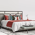 Double Bed with Modern Metal Headboard Colorful Pillows Red Blanket Bedside Bench and Rug