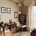 Cozy Living Room Interior With Framed Wall Art Bookshelf Armchair And Table Lamp
