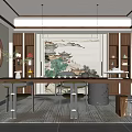 Traditional Chinese Tea Room Design With Wooden Tea Table Hanging Lamps And Decorative Painting