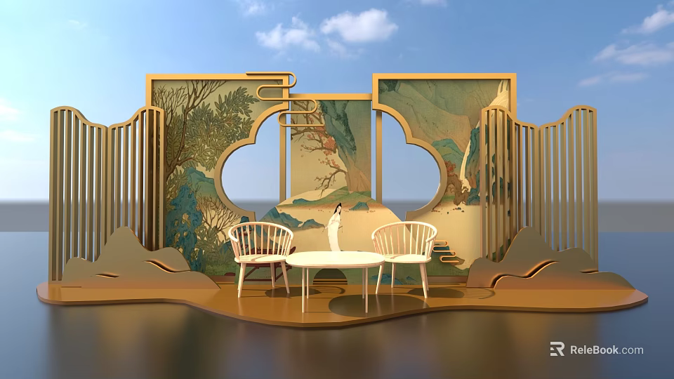 Chinese Style Interactive Area With Landscape Screens Circular Cutouts And White Table Chairs 3d model 