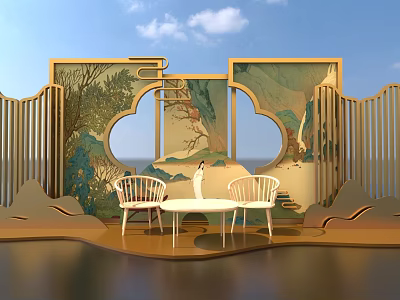 Chinese Style Interactive Area With Landscape Screens Circular Cutouts And White Table Chairs 3d model