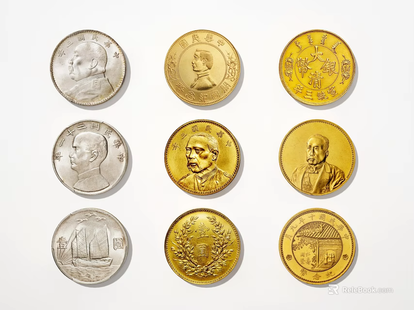 Vintage Diverse Silver and Gold Coins Featuring Detailed Portraits and Designs 3d model 