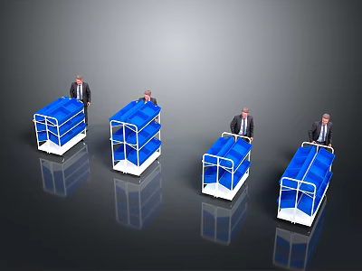 Four Blue Trolleys With Railings And Businessmen On Reflective Surface 3d model