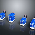 Four Blue Trolleys With Railings And Businessmen On Reflective Surface