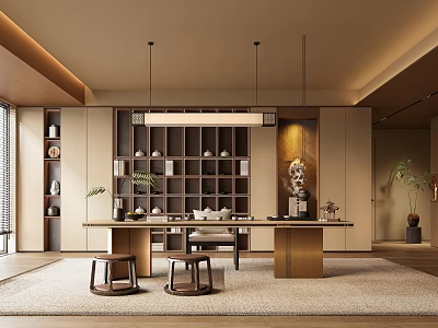 Minimalist Tea Room Interior With Wooden Shelves Tea Sets And Pendant Lights 3d model