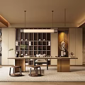 Minimalist Tea Room Interior With Wooden Shelves Tea Sets And Pendant Lights