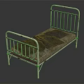 Vintage White Metal Frame Single Bed With Gray Mattress And Dark Blanket