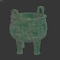 Ancient Bronze Landscape Sculpture With Three Legs Two Handles And Intricate Animal Face Patterns