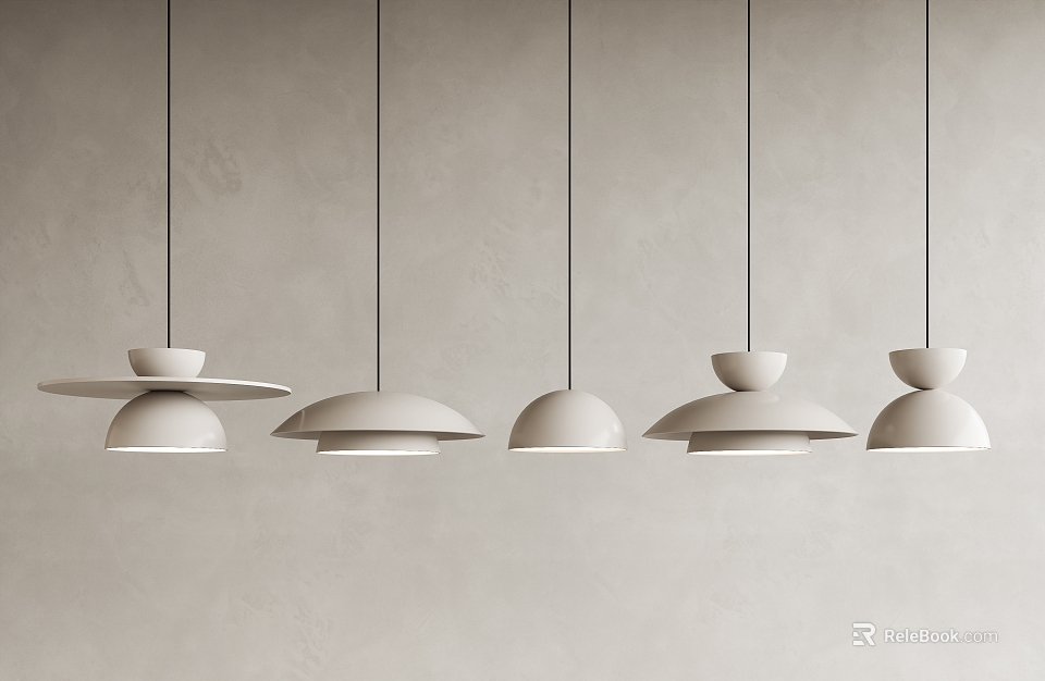 Multiple Minimalist Modern Pendant Lights With Sleek White Design Hanging Against Gray Wall 3d model 