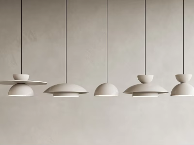 Multiple Minimalist Modern Pendant Lights With Sleek White Design Hanging Against Gray Wall 3d model