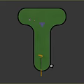 Mini Golf Putting Green T Shaped With Yellow Putter White Ball Purple Cone Blue Triangle