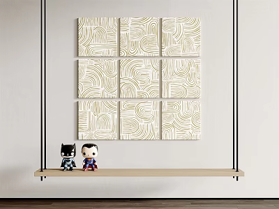 Modern Wall Art With Abstract Pattern Paintings On White Wall And Wooden Shelf With Figurines 3d model