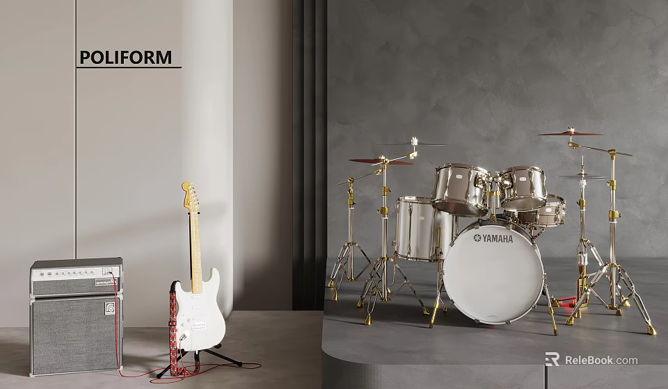Musical Instruments Setup Featuring Electric Guitar Drum Set And Amplifier In Modern Room 3d model 