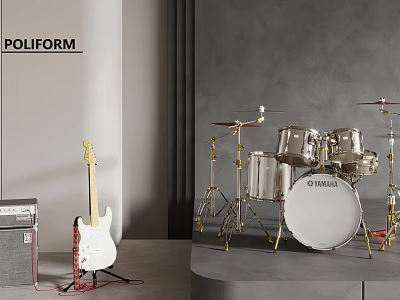 Musical Instruments Setup Featuring Electric Guitar Drum Set And Amplifier In Modern Room 3d model