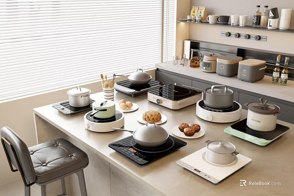 Modern Kitchen Countertop with Various Small Kitchen Appliances Including Grill Pan Pots and Rice Cookers 3d model 