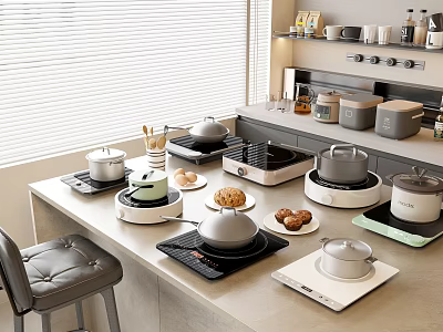 Modern Kitchen Countertop with Various Small Kitchen Appliances Including Grill Pan Pots and Rice Cookers 3d model