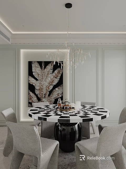 Modern Luxury Restaurant Interior with Round Checkerboard Dining Table Chandelier Wall Art and Upholstered Chairs 3d model 