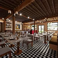Charming Restaurant Interior With Wooden Ceiling Pendant Lights Dining Tables And Checkered Floor
