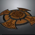 Decorative Multi Bladed Axe With Orange Blue Finish And Intricate Patterns On Circular Center 3d model