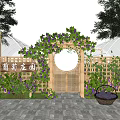 Rural Vineyard Landscape With Grapevine Arch White Lattice Fence And Basket Of Grapes