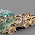 Teal Weathered Truck Chassis Featuring Multiple Heavy Duty Wheels And Industrial Design