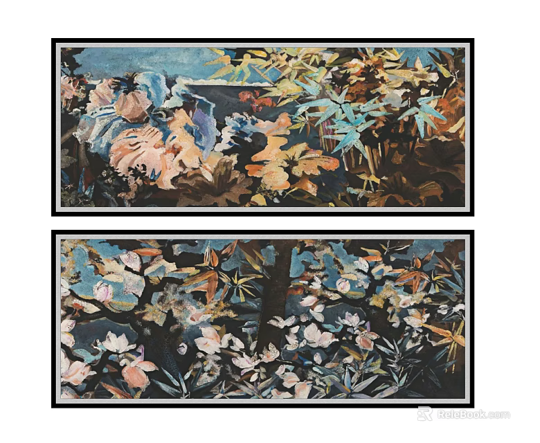 Set Of Two Botanical Floral Wall Art With Vibrant Colors And Frames 3d model 
