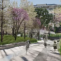 Modern Building Garden Landscape With Water Pool Steps And Green Trees