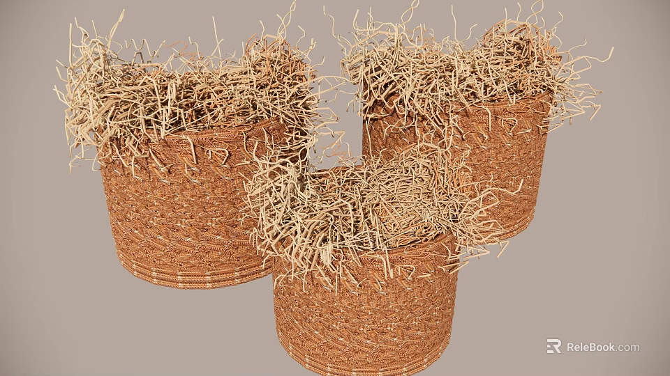 Three Handwoven Natural Straw Hanging Baskets with Decorative Dry Grass Filling 3d model 