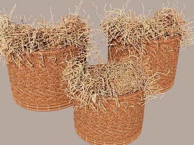 Three Handwoven Natural Straw Hanging Baskets with Decorative Dry Grass Filling 3d model
