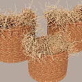 Three Handwoven Natural Straw Hanging Baskets with Decorative Dry Grass Filling